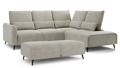 Rumbia L-shaped corner sofa with sleeping function with side section and Storm 09 pouf, black legs, right-hand side