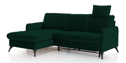 Corner sofa with sleeping function Casotti L-shaped with container and adjustable headrest dark green hydrophobic velvet left side