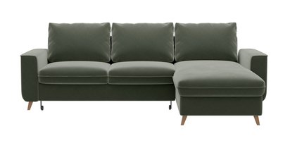 Almirante L-shaped corner sofa with sleeping function with storage, universal, olive-coloured, hydrophobic velvet