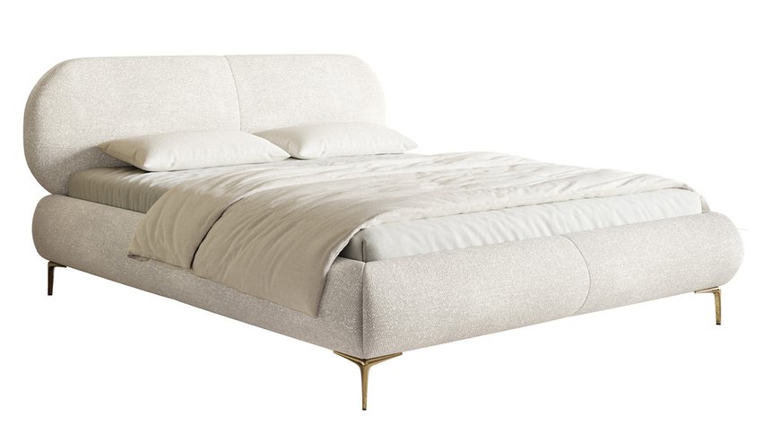 Upholstered bed 140x200 cm Ovalle with storage, metal frame, cream chenille, gold legs