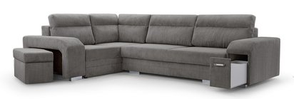 Umill L-shaped corner sofa with sleeping function with containers with a bar and a pouffe, dark gray corduroy, left-hand side