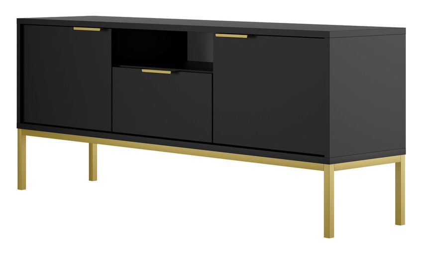 Diargo 135 cm two-door TV cabinet with a drawer and a recess, black on a gold frame