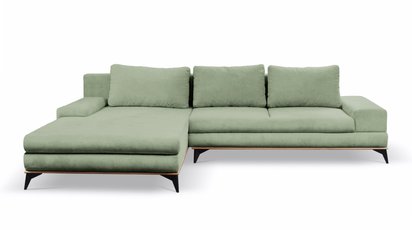 Corner sofa with sleeping function Stoverto with storage, light green, in hydrophobic velvet fabric, right-hand side