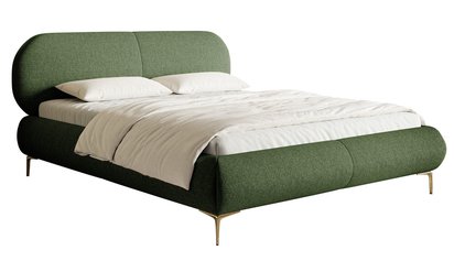 Upholstered bed 140x200 cm Ovalle with storage, metal frame, olive green, hydrophobic braid, gold legs