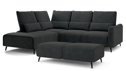 Rumbia corner sofa with sleeping function, L-shaped pouf, black side, adjustable backrest, easy-clean fabric, black legs, left-handed