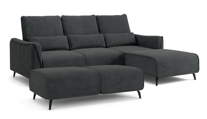Rumbia L-shaped corner sofa with sleeping function with Storm 99 pouf, black legs, right-hand side