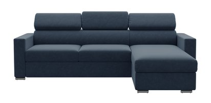 Veraguas L-shaped corner sofa with sleeping function with storage and adjustable headrests, universal, navy blue, in easy-clean fabric