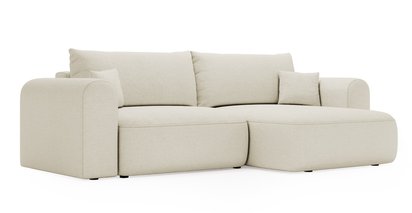 Sollano L-shaped corner sofa with sleeping function with a container, universal, creamy, easy-to-clean chenille