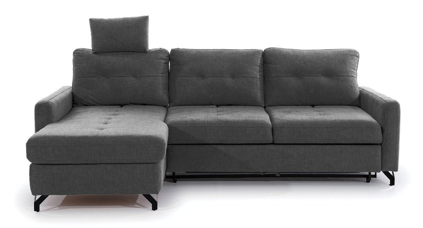 Buriano L-shaped corner sofa bed with storage and adjustable headrest, dark gray, easy-clean fabric, left-hand side