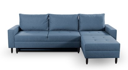 Corner sofa with sleeping function Ninetta Mini Rino 79 with a container in a hydrophobic fabric, wenge legs, right-hand side