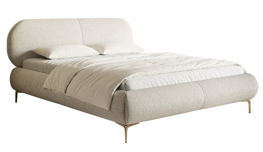 Upholstered bed 140x200 cm Ovalle with storage, light beige metal frame, hydrophobic braid, gold legs