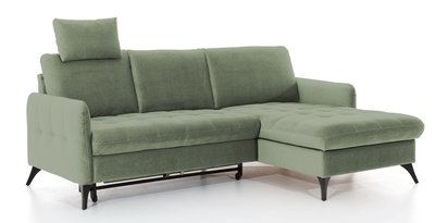 Corner sofa with sleeping function Casotti L-shaped with container and adjustable headrest olive velour hydrophobic right-hand side