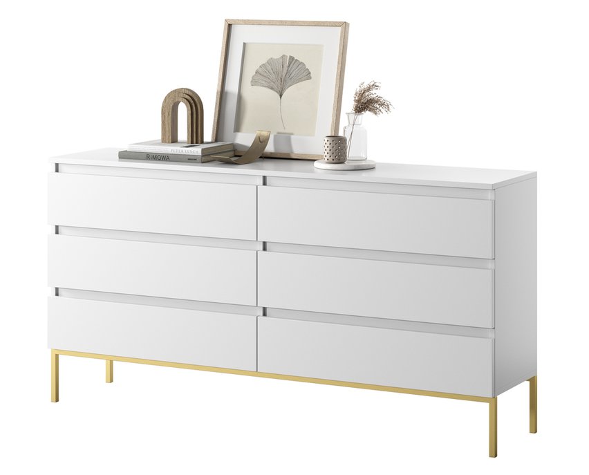 Bemmi white six-drawer chest of drawers with gold legs