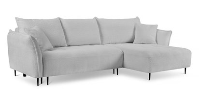 Minulo corner sofa with sleeping function, L-shaped, with storage, light gray, boucle, right-hand side
