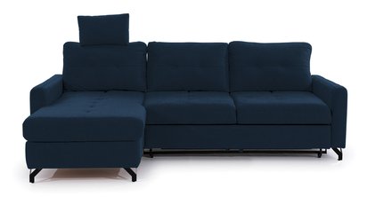 Buriano L-shaped corner sofa with sleeping function with container and adjustable headrest, navy blue hydrophobic velvet, left-sided