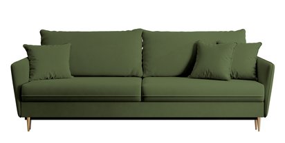 Volio three-seater sofa bed, olive velvet, hydrophobic, gold legs