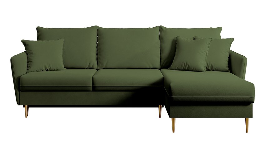 Volio velvet corner sofa with sleeping function, hydrophobic, golden legs