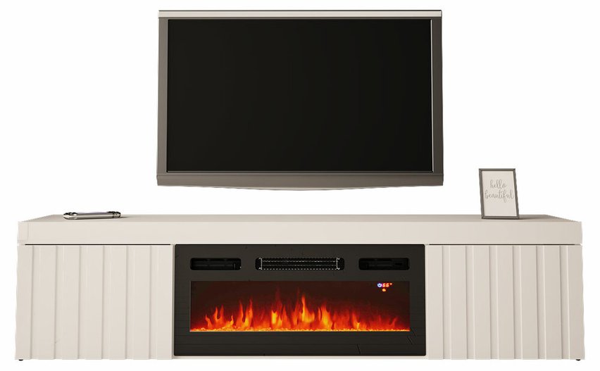 Kalva TV cabinet 180 cm with electric fireplace, white gloss, lamellas