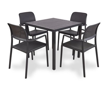 Garden set Cube square table 80 cm and 4 chairs with armrests Bora Nardi made of certified anthracite plastic
