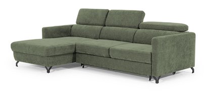 Monarda L-shaped corner sofa with sleeping function with container and adjustable headrests, olive velvet, hydrophobic, left-sided