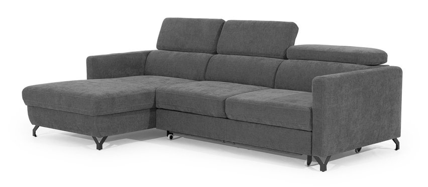 Monarda L-shaped corner sofa bed with storage and adjustable headrests, dark gray, easy-clean fabric, left-hand side