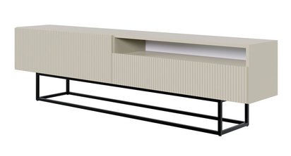 Veldio TV cabinet with a milled front and a 175 cm recess. Gray beige with black legs.