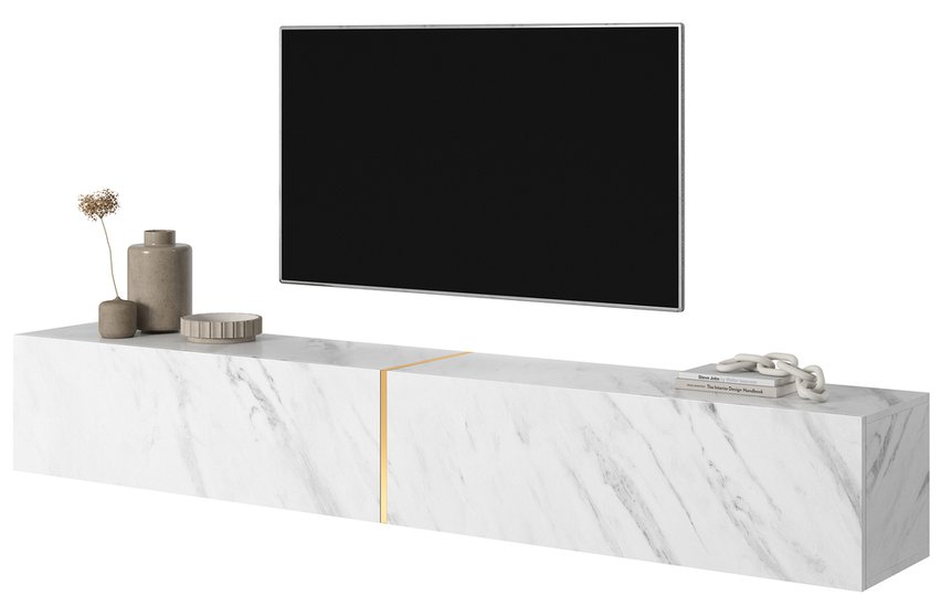 Bisira TV cabinet, 200 cm, white marble with gold insert