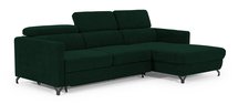 Monarda L-shaped corner sofa with sleeping function with container and adjustable headrests, dark green hydrophobic velvet, right-hand side