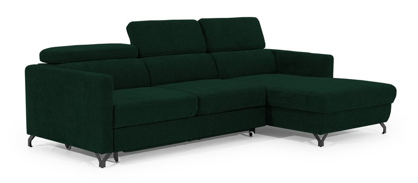 Monarda L-shaped corner sofa with sleeping function with container and adjustable headrests, dark green hydrophobic velvet, right-hand side