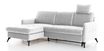 Corner sofa with sleeping function Casotti L-shaped with container and adjustable headrest, gray in easy-clean fabric, left-hand side