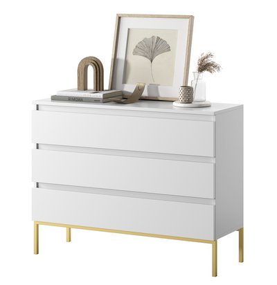 Bemmi White three-drawer chest of drawers with gold legs