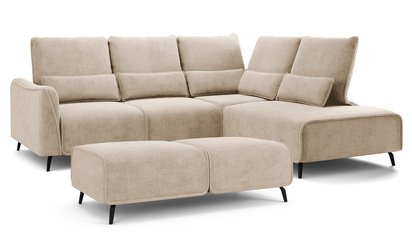 Rumbia L-shaped corner sofa with sleeping function with side section and Storm 06 pouf, black legs, right-hand side