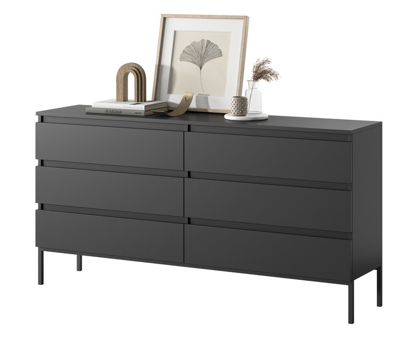 Bemmi Black six-drawer chest of drawers with black legs