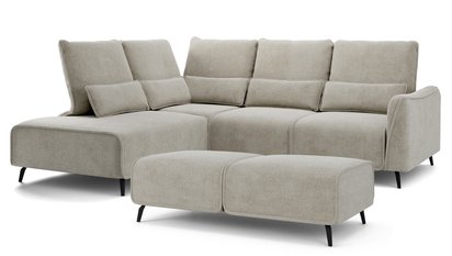Canapé d'angle Rumbia en L avec fonction couchage, côté, pouf Storm 09, pieds noirs, à gauche