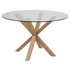 Table à manger ronde Kardema, diamètre 119 cm, verre sur piètement en chêne