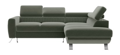 Bambito L-shaped corner sofa with sleeping function with container and adjustable headrests, olive velvet, hydrophobic, right-hand side