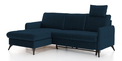 Corner sofa with sleeping function Casotti L-shaped with container and adjustable headrest navy blue hydrophobic velvet left-hand side