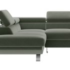 Carenero L-shaped corner sofa with sleeping function with container and adjustable headrests, olive velour, hydrophobic, left-sided