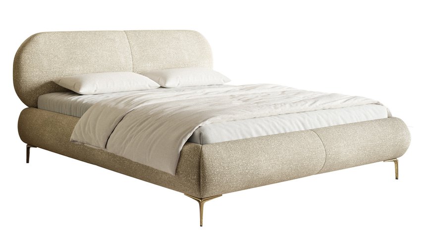 Upholstered bed 140x200 cm Ovalle with storage, metal frame, beige chenille, gold legs