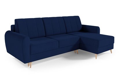 Dordo L-shaped navy blue corner sofa with sleeping function with storage, hydrophobic velvet, universal