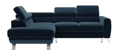 Bambito L-shaped corner sofa with sleeping function with container and adjustable headrests, navy blue hydrophobic velvet, left-hand side