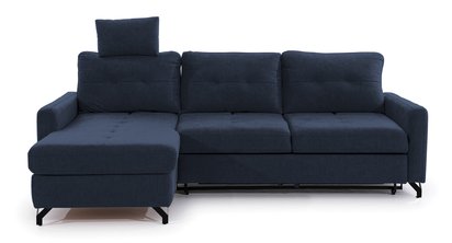 Buriano L-shaped corner sofa with sleeping function with a container and adjustable headrest, navy blue, in an easy-clean fabric, left-hand side