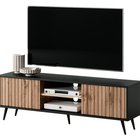 Meuble TV Bello avec façades à lamelles, 135 cm, noir/chêne Wotan avec LED