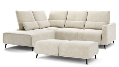 Rumbia L-shaped corner sofa with sleeping function with side section and Storm 02 pouf, black legs, left-hand side