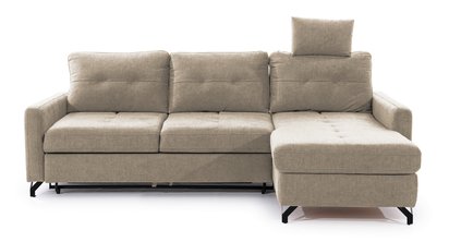 Buriano L-shaped corner sofa bed with storage and adjustable headrest, beige, easy-clean fabric, right-hand side