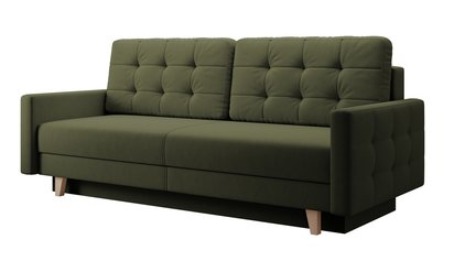 Verat three-seater sofa bed with storage, olive velvet, easy to clean