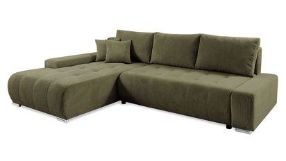 Corner sofa with sleeping function Magliano L-shaped with storage, olive corduroy, left-hand side