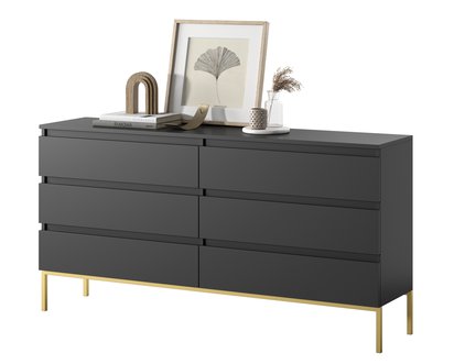 Bemmi black six-drawer chest of drawers with gold legs