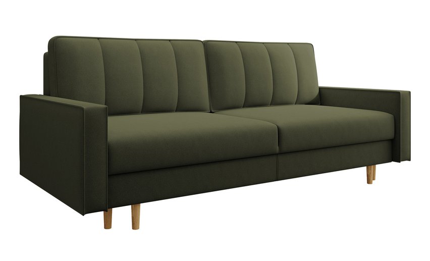 Derban three-seater sofa bed with storage, olive velvet, easy to clean