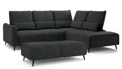 Rumbia L-shaped corner sofa with sleeping function with side section and Storm 99 pouf, black legs, right-hand side